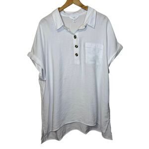 Time & True White Collared Short Sleeve Relaxed Fit Half Button Blouse Top XL